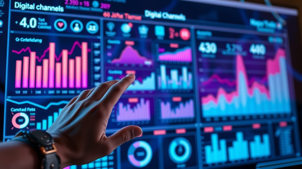 Infographic digital dashboard representing customer engagement online statistics and digital channels overview, digital engagement metrics visualization