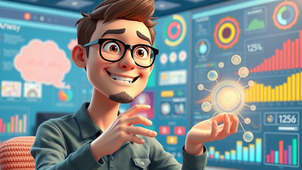 Inspired digital creator interacting with AI brainstorming tool to generate trending content ideas in a lively, colorful workspace
