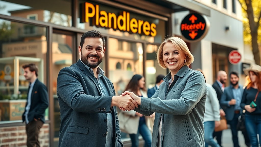 small business owners shaking hands in front of branded storefront showing business online presence success