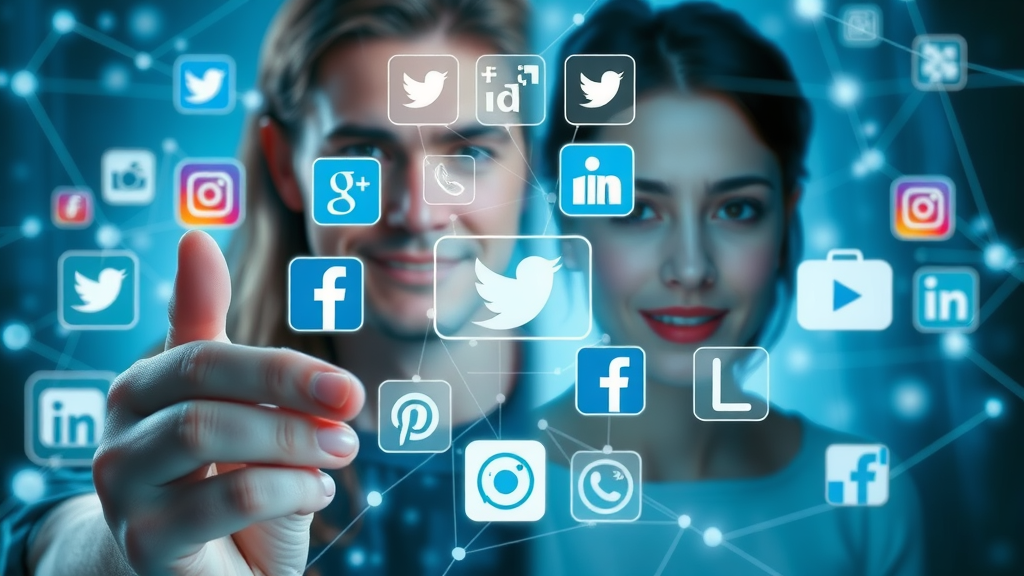 dynamic collage of top social media app icons for media marketing strategy with glowing connection motifs