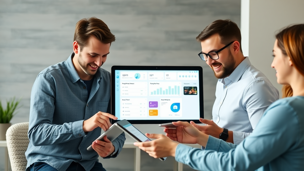 Digital marketing team collaborating with project management tool dashboard and tablets