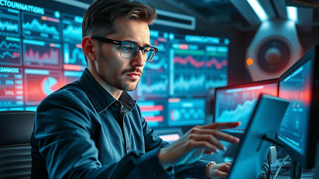 Tech-savvy professional reviewing advanced analytics for customer engagement via media sites in a futuristic command center.