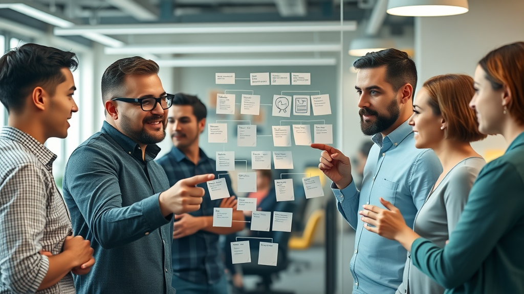 Tech team planning AI-driven content workflow on digital screens
