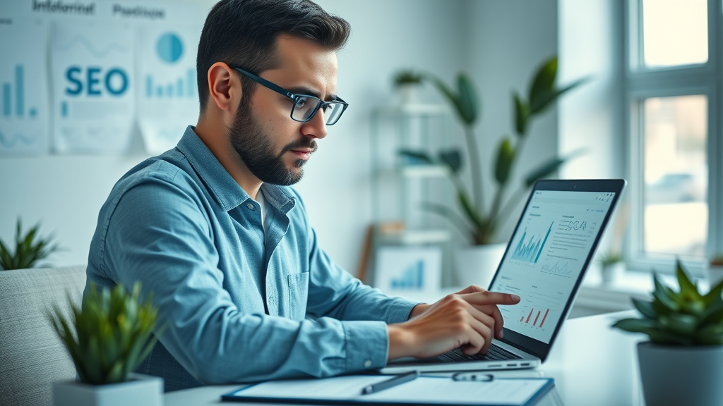 SEO for small businesses - business owner analyzing SEO charts, modern office setting with data overlays