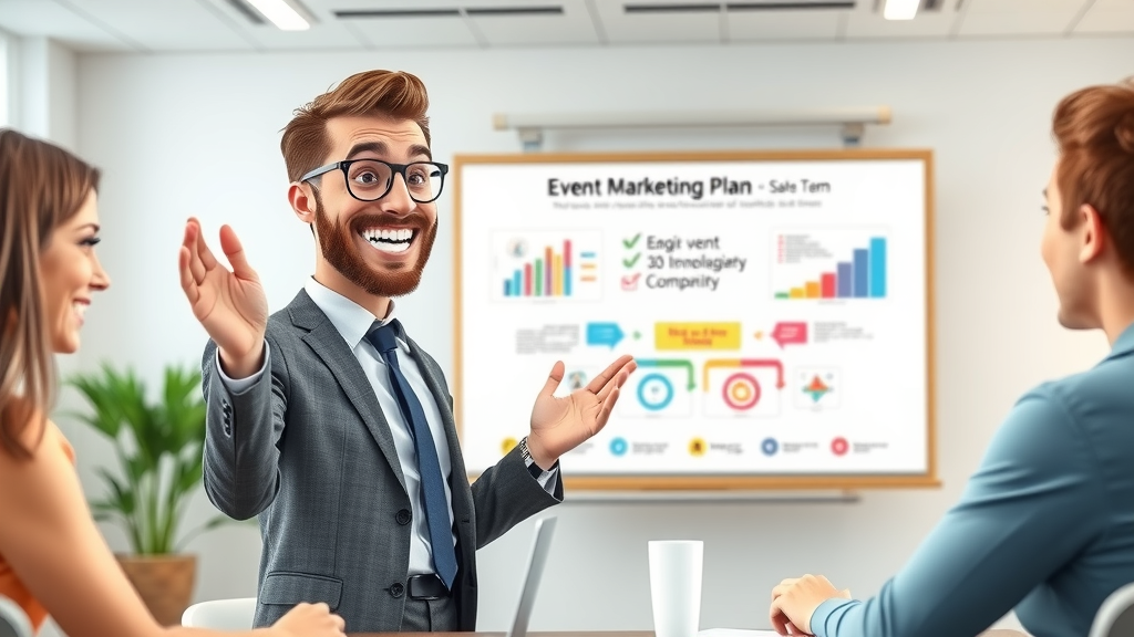 Confident small business owner presenting event marketing plan with colorful strategy diagrams