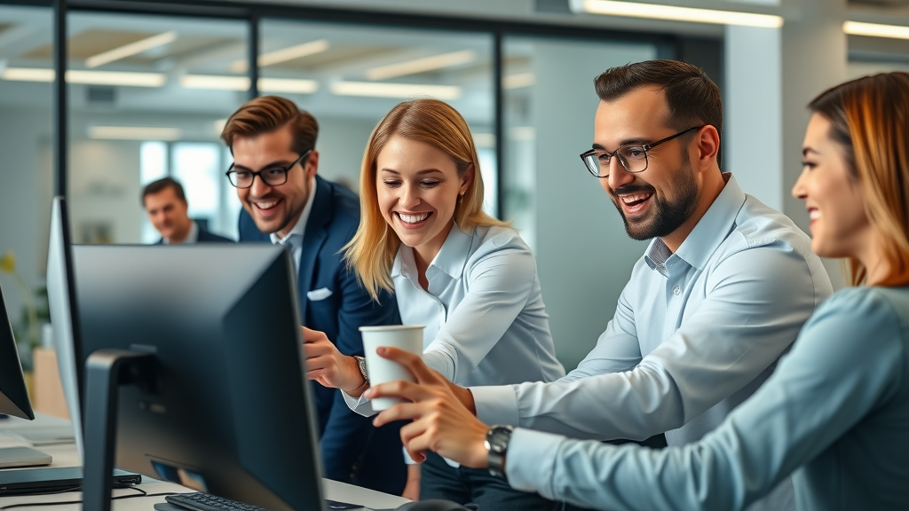 Dynamic business team engaging with customers online, smiling, collaborating over multiple digital screens, customer engagement online, modern technology office setting
