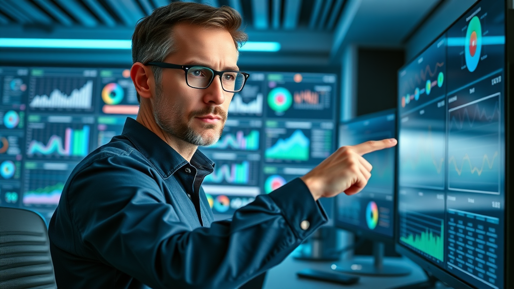 Marketer reviewing analytics and market research for small business blog target audience.
