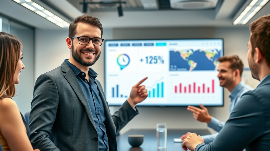 digital marketer presenting ROI metrics from strategic content development