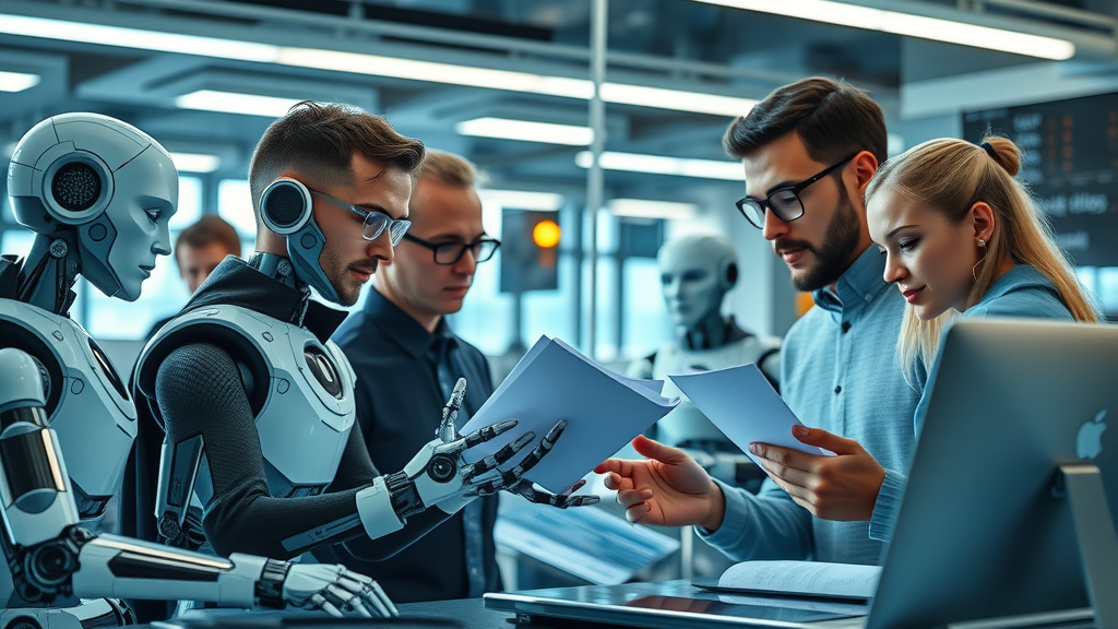 Team using AI-powered content creation robots in digital publishing workflow