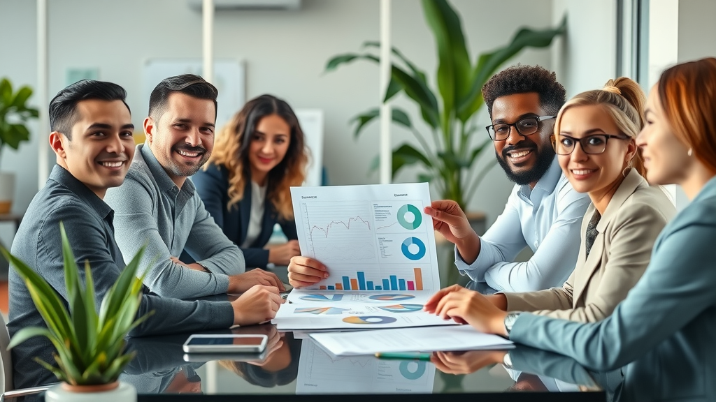 dynamic team of small business professionals reviewing charts and brainstorming for small business promotion