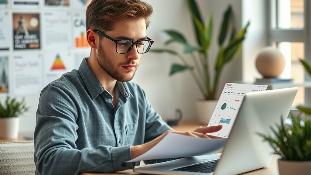 thoughtful blogger analyzing publishing schedule on digital calendar with blogging frequency and consistency strategy