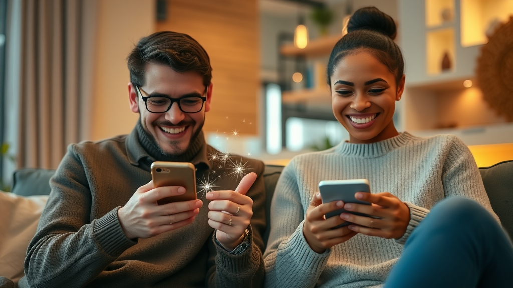Happy customers engaging with digital loyalty programs on smartphones, receiving digital rewards and notifications