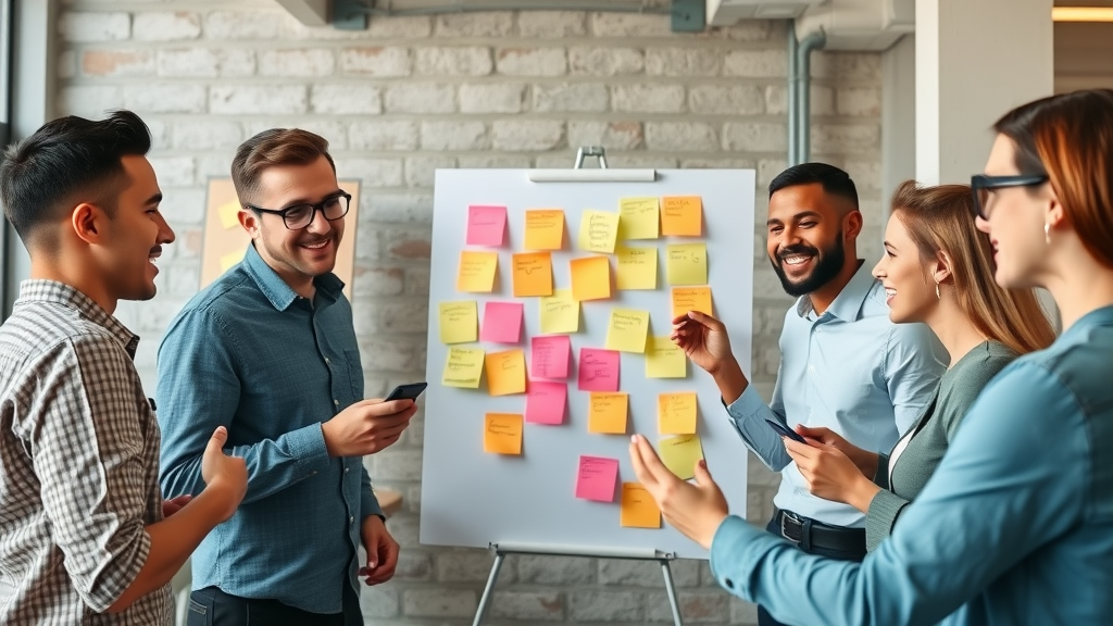 Ambitious small business team brainstorming content marketing for small businesses ideas with sticky notes