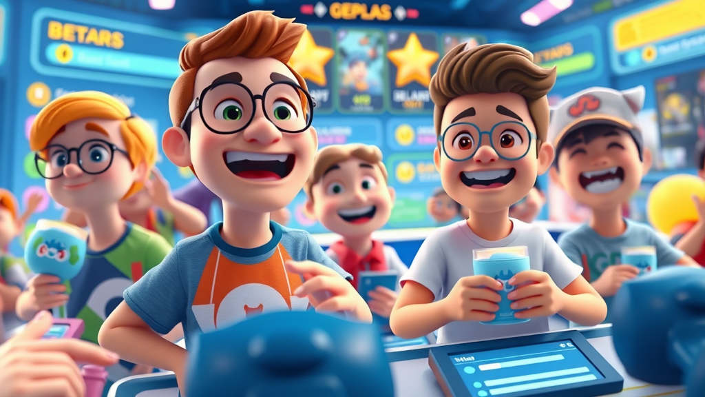 vibrant gamified social media marketing interface, animated characters competing for digital rewards