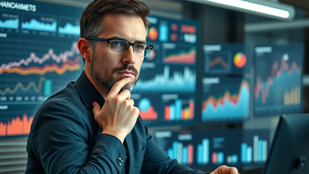 Marketer monitoring AI-powered KPI dashboard with real-time content marketing insights