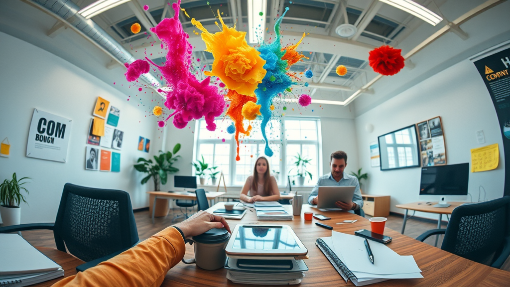 Creative content creator working on a campaign for a small business blog, with digital content elements in a bright coworking space