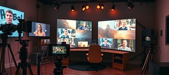 versatile media flexibility, creative, synchronizing various formats, photorealistic, cozy studio bustling with cameras and screens showcasing different media types, highly detailed, converging media interfaces, highly detailed dynamic textures, vibrant hues, directional lighting setup, shot with a panoramic lens.