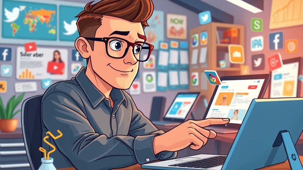 Focused marketer customizing AI-generated social media posts for different platforms using advanced content generator, vibrant workspace
