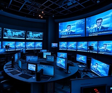 powerful media dominance, commanding, controlling the narrative, photorealistic, high-tech control room with multiple screens showing news, highly detailed, fast-paced environment, crisp image, deep blues and blacks, spotlight lighting, shot with a 24mm lens.