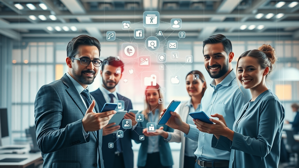 tech-savvy business team integrating multiple apps and tools on a large transparent screen