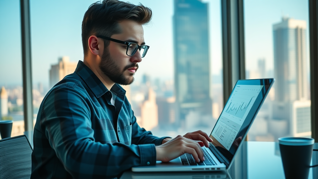 Digital marketer analyzing SEO charts for local SEO strategy in a modern workspace