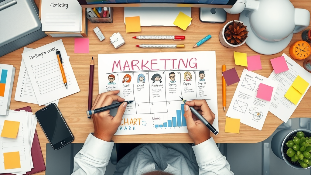 Person sketching a detailed buyer persona chart at an organized marketing desk.