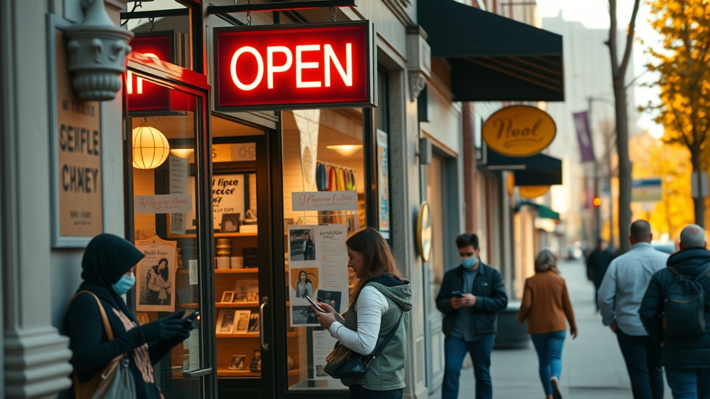 local storefront with glowing open sign and customers using phones for local business online presence