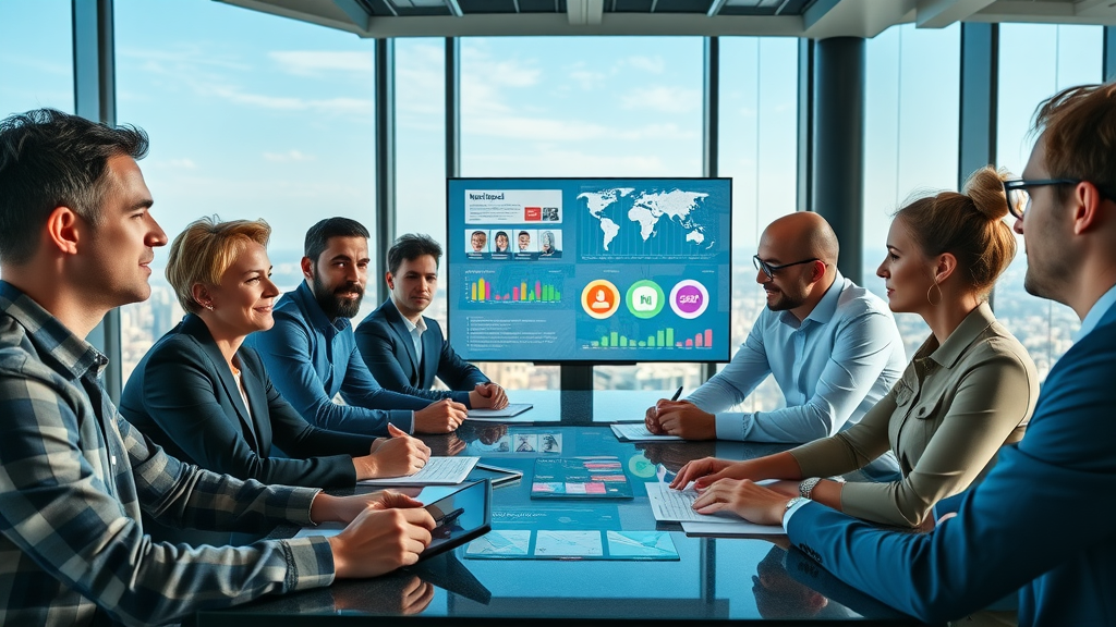 Forward-thinking marketing team meeting with AI-driven branding tools - team engagement, digital projections, branding charts, cityscape, vibrant, cinematic