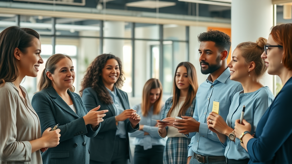 Effective community engagement strategies in action: diverse team collaborating, discussing ideas in an open workspace with transparent boards and sticky notes.