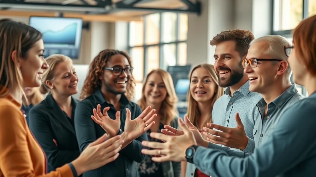 Community engagement tactics in modern online community gathering, showing enthusiastic faces, digital screens displaying graphs, and interactive gestures.