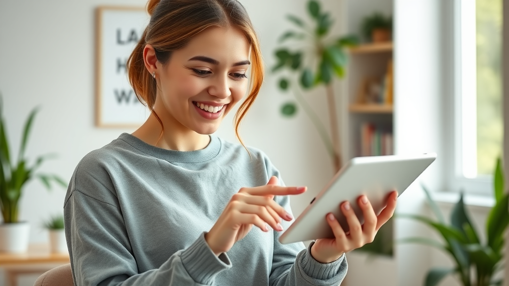 user experience in content hub, delighted user using sleek interface on tablet