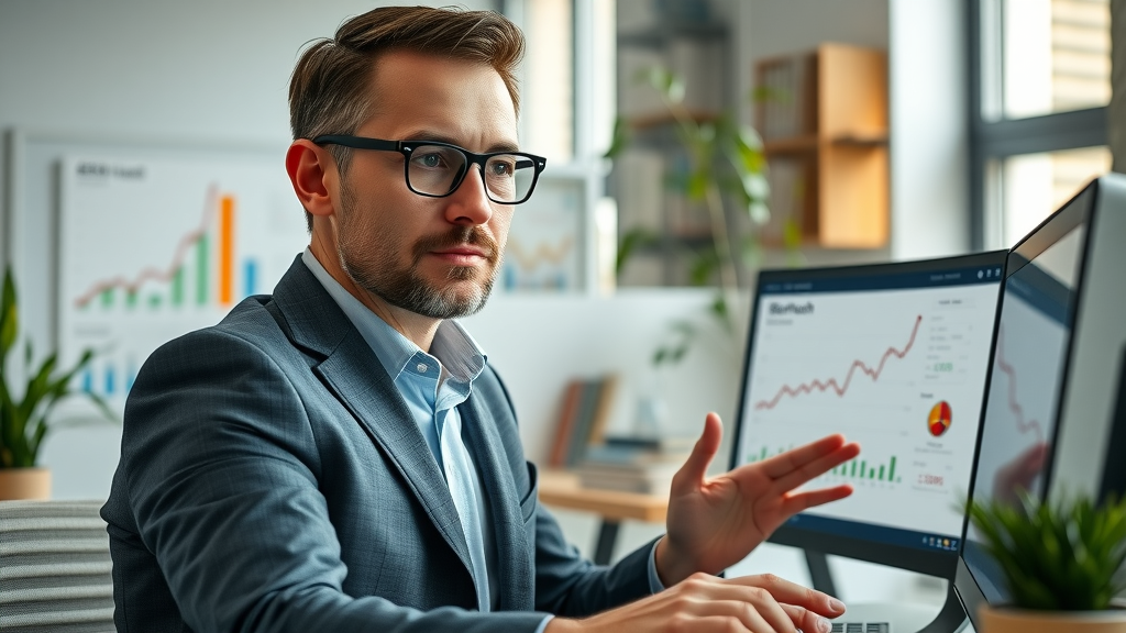 confident business strategist analyzing SEO dashboard with Ahrefs SEMrush, search engine optimization and insights blogging tools for entrepreneurs