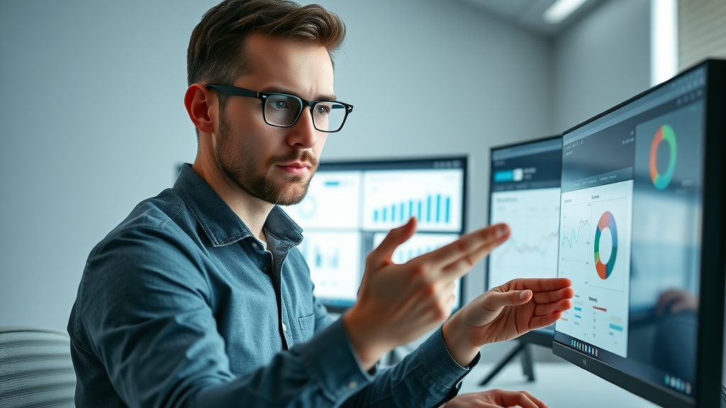 Modern marketer comparing digital marketing tools and platforms on dual monitors in a bright office workspace