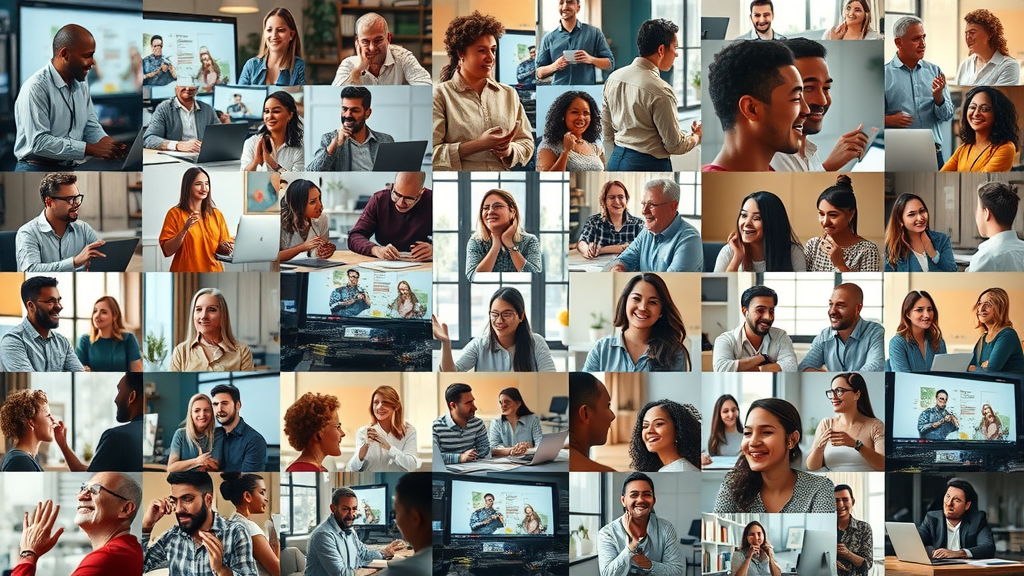 Community engagement tactics in action: mosaic collage of diverse community engagement activities, online workshops, and social media screens.