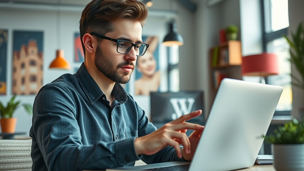 modern entrepreneurial workspace, focused and ambitious young business owner reviewing digital blogging tools on a laptop, cool tones, soft natural window lighting, blogging tools for entrepreneurs
