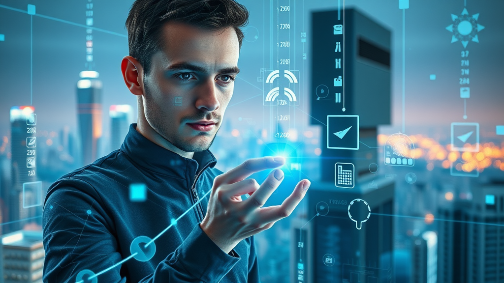 The future of community engagement strategy: person interacting with futuristic digital network and holographic community interfaces.