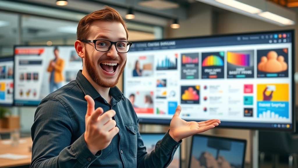 excited marketer displaying product and service showcase on a vibrant media site
