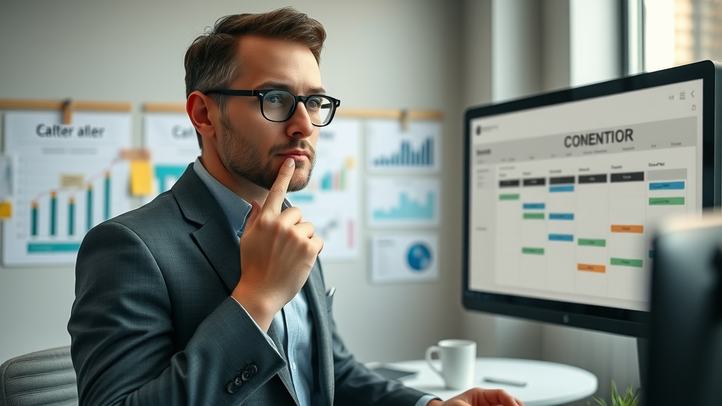 Organized small business owner pointing at a digital content calendar using small business blogging strategies