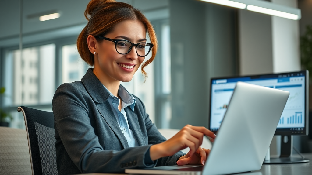 social media marketing local businesswoman reviewing Facebook ad results and ad budget charts on laptop