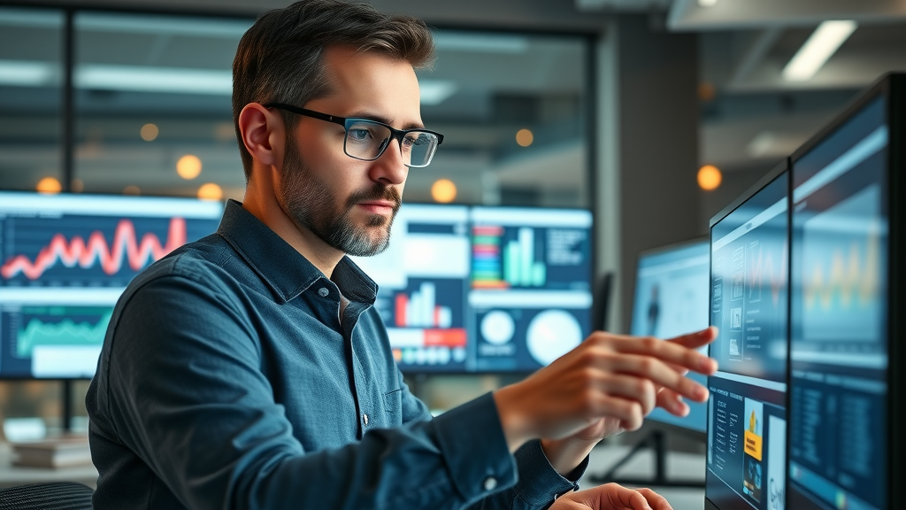 Human-led AI content strategy professional collaborating with AI-driven tools in a high-tech office - modern content strategist, digital workspace, real-time data review, dynamic glow, highly detailed, photorealistic