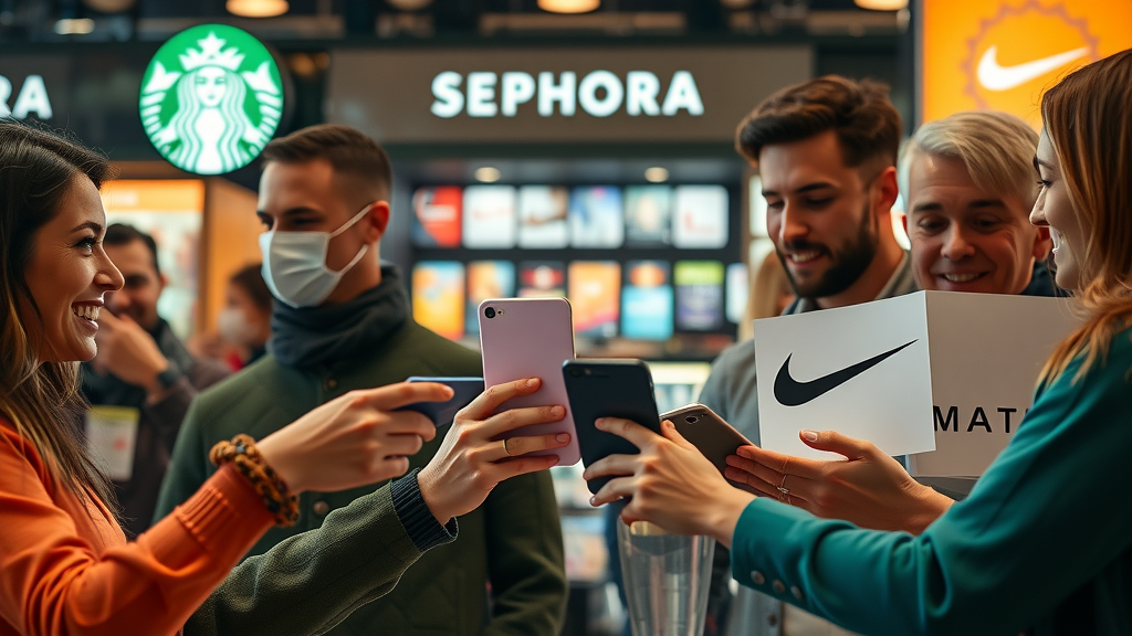 montage of customers interacting with Starbucks, Sephora, Amazon, Nike, Ulta loyalty programs - customer loyalty programs