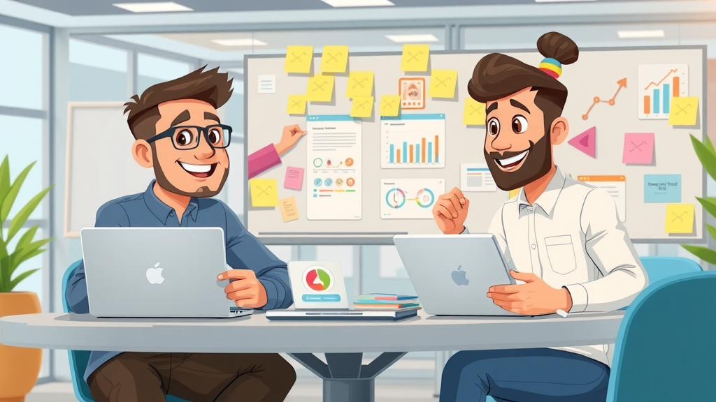 Creative team designing personalized email campaigns for digital customer engagement online, using marketing boards and laptops