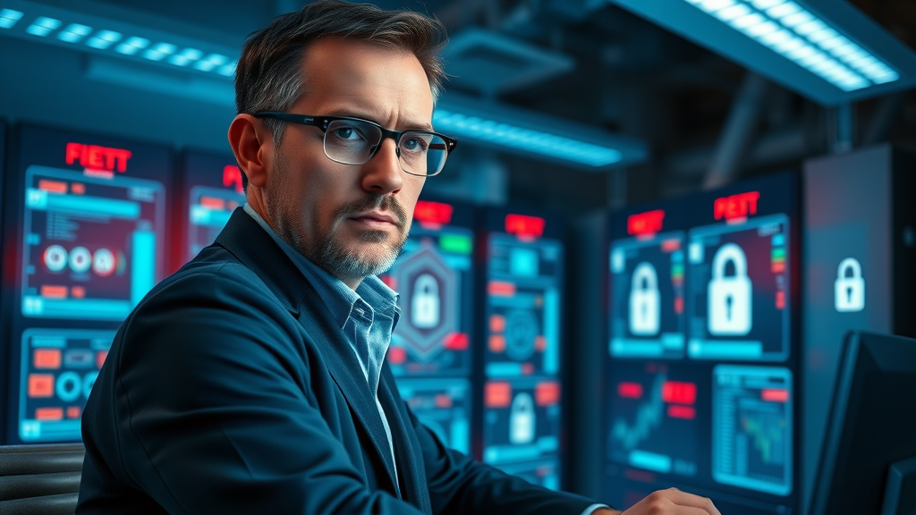 confident IT security analyst overseeing encrypted corporate media communications via a secure interface