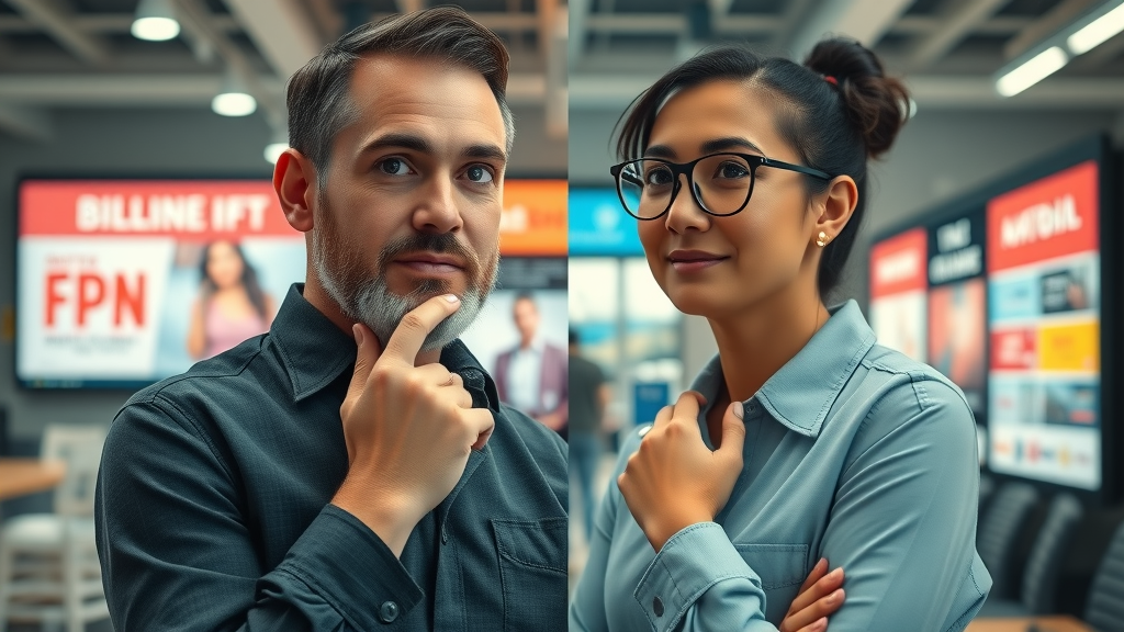 Small business comparing digital marketing and traditional marketing methods, with split-screen visuals of online ads and print flyers