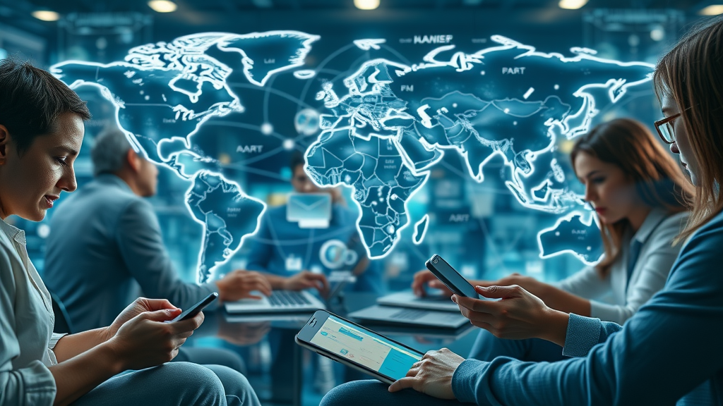 Various digital devices connecting people worldwide, representing global customer engagement online through digital channels