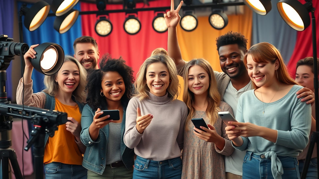 Influencer marketing for media site marketing strategy, creators recording content in colorful studio, social media campaign, user-generated content, high engagement