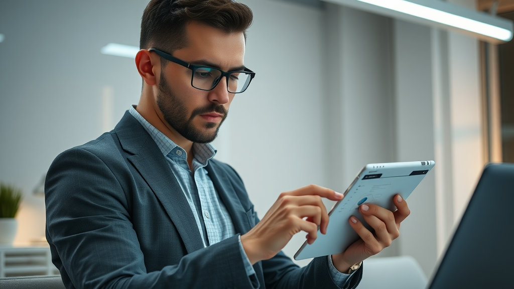 modern business owner automating marketing tasks for local marketing strategies, tablet dashboards, email and social media apps, minimalist sci-fi workspace, neutral LED lighting