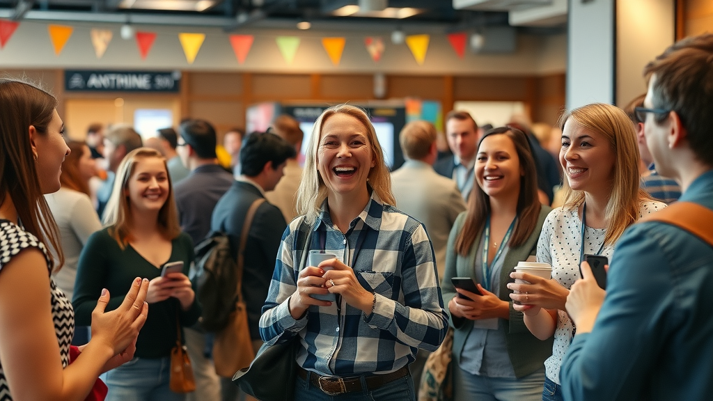Excited event attendees networking at small business marketing event, lively venue