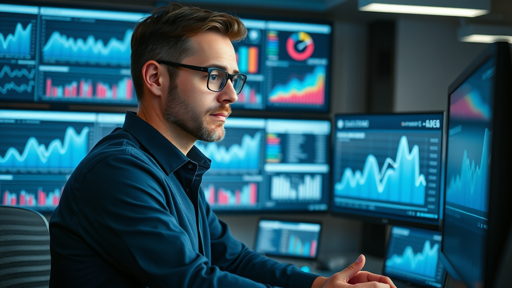 Marketer reviewing analytics dashboard for email campaign performance, data-driven marketing strategy