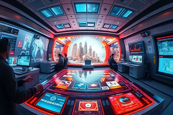 innovative content sharing platform, collaborative, sharing media assets, photorealistic, a futuristic workspace filled with holographic displays and touch interfaces, highly detailed, dynamic interactive elements, realistic shaders, multi-color spectrum, spot lighting, shot with a fisheye lens.